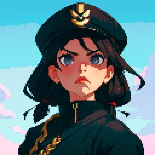 muscle girl, female, thick biceps, exaggerated proportions, black military uniform, black hat, military backdrop, sRGB, pixel art