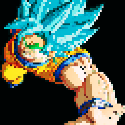 Broly, muscular, fierce, Super Saiyan, intense, power, vibrant colors, pixel art, sRGB