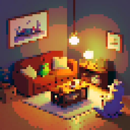 Cozy living room, crackling fireplace, warm glow, comfortable sofa, plush cushions, cute little frog, tiny feet dangling, content expression, small coffee table, steaming cup of coffee, aroma wafting, frog reaching out delicately, pixel art, sRGB