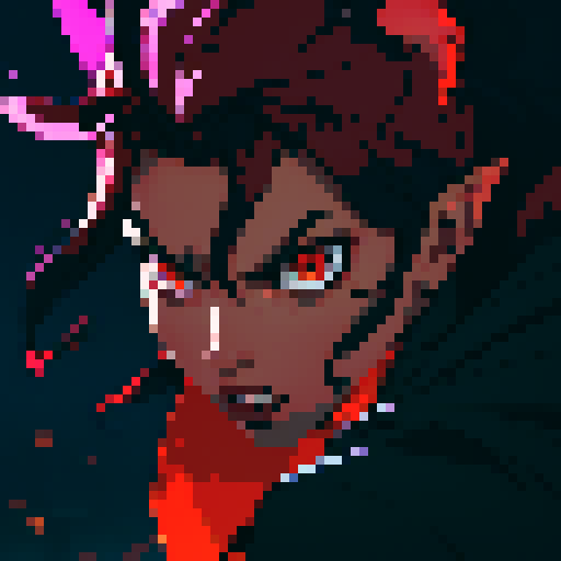 Dark, fierce, and stunning, a chimera with a blend of black and red, depicted in pixel art with vibrant sRGB colors