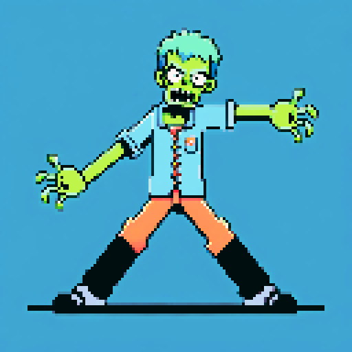 Zombie with limbs spread out wide, laying down, looking at camera, pixel art, sRGB