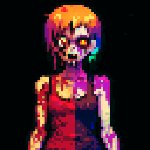 zombie, decaying flesh, bloodshot eyes, tattered clothing, pixelated, vibrant colors, eerie glow