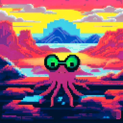 Octopus with sleek black sunglasses on a playing card, surrounded by a whimsical pixel art landscape featuring rolling hills, a tranquil blue sky, and playful sea creatures in the background