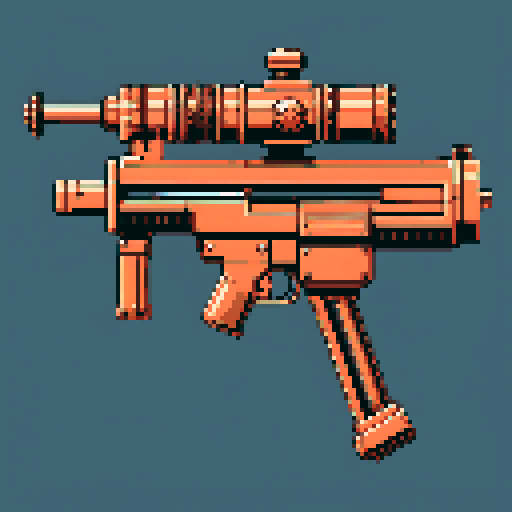 I want a copper rotary machine gun without a stand viewed from from the side. It should have strange mechanical details that could interlock with others. I want this object usable an asset in a videogame, meaning only one object per image, outlined with a strong black stroke, on a solid-color background.