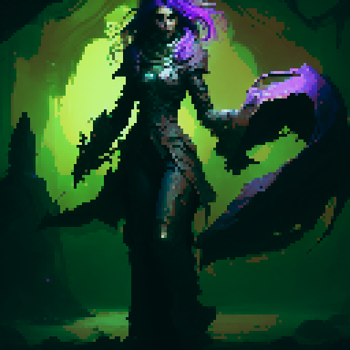 female necromancer, long dark hair, full body, action pose, swirling purple and green magic, mysterious ruins, ethereal glow, intricate staff, tight fitting flowing robes, intense gaze, dark shadows, ancient spellbook, fantasy Medieval RPG
