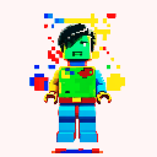 superman flying, vibrant pixelated red and blue costume, blocky lego-like figure, retro video game-inspired artwork, bold primary colors, sRGB color space