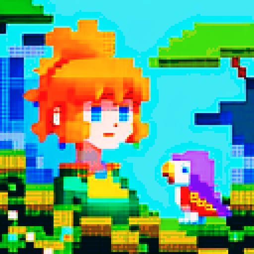An illustration in the style of a pixel art of two people, a pixelated girl with orange hair, a pixelated girl with blue hair and a white pixelated cat, in a mysterious and primordial rainforest scene, A pixel parrot flies in the sky