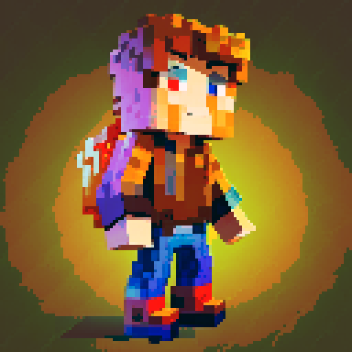 pixelated human character, Minecraft-inspired, blocky features, retro video game style, vibrant colors, low resolution, 8-bit aesthetic, square-shaped body, pixelated hair, pixelated clothing, pixel art, sRGB