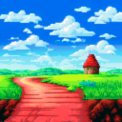 A horizontal landscape of a flat terrain of dirt with grass on top. On top of the terrain is a cottage and a windmill building. There are clouds in the sky and it is daytime.