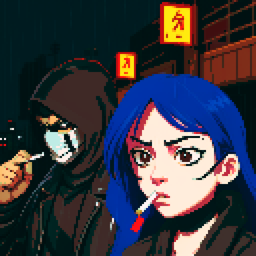 Girl on the right smoking a cigarette, guy on the left holding a gun with a black mask covering his face, gritty, rainy, nighttime, downtown