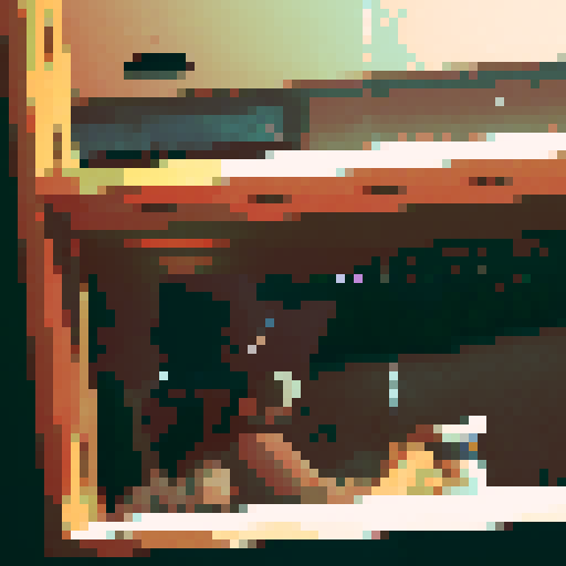 boy with long hair, hat on, bottle next to him, unbothered, mirror reflecting party behind him, only a few other people in the room, pixel art