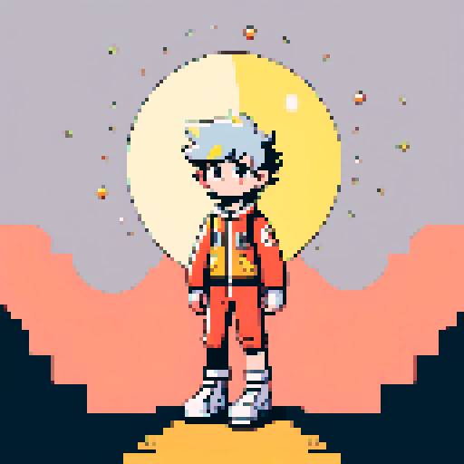 a kid with open arms, and a headpiece that resembles the sun, and a detail in his clothes on the chest area that resembles the moon. the background looks like outerspace.
