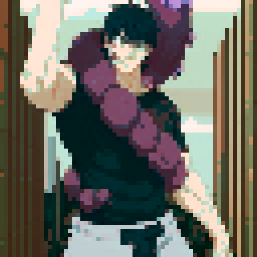 anime male, with vibrant black spiky hair, standing tall in a pixelated world, surrounded by fantastical creature on body in vivid pixel art style