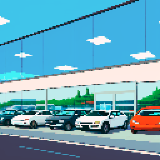 cars are behind the glass of the car dealership, many cars are in a row, a large glass