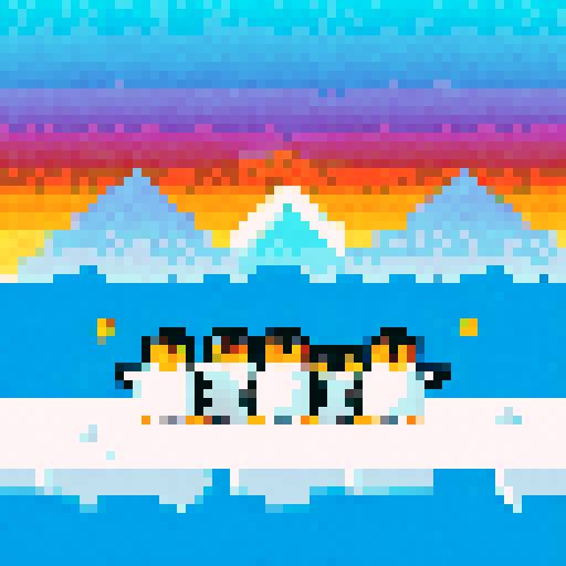 Pixel Penguins waddling on a shimmering, icy landscape, their vibrant, pixelated feathers reflecting the soft, warm hues of a setting sun