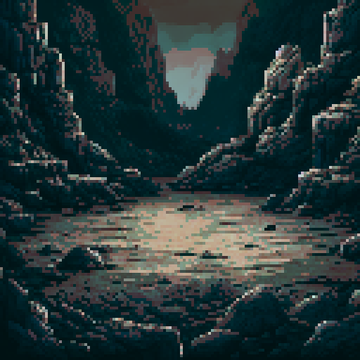 Design a dark, atmospheric RPG-style battle background set in a rocky cave. The view is slightly top-down, with a flat, cracked ground in the foreground for character placement. Surround it with jagged rock formations and scattered charcoal-colored boulders. Use dim ambient lighting to emphasize shadows and depth, creating a mysterious and isolated cave setting with earthy tones and a muted, rugged aesthetic.