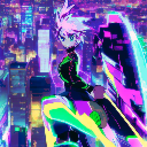 "An INTJ genius hacker with neon green hair, wearing a leather cyberpunk outfit, types furiously on a holographic keyboard in a futuristic city, surrounded by glowing lines of code in anime style."