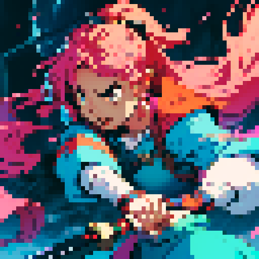 Swinging sword, pixelated slash, vibrant colors, dynamic movement, retro video game style, sRGB