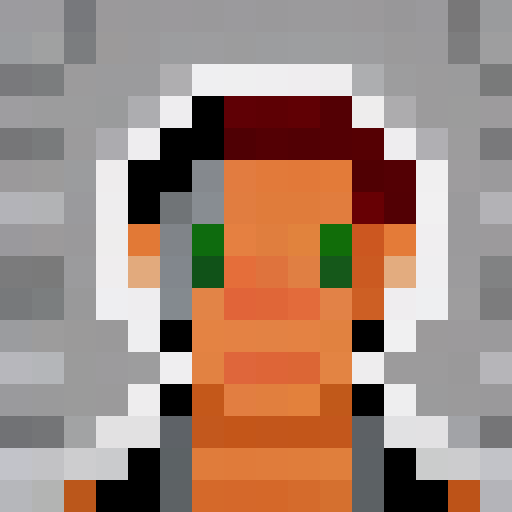 Pro wrestler with black hair, wicked grin, raised brows, bushy beard, and malevolent aura in a 16x16 pixel portrait.