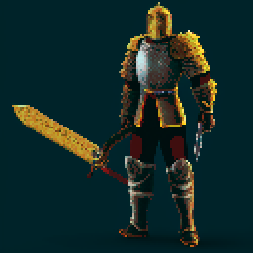 pixel art picture of a human male knight with a two-handed great sword, detailed shading, and smooth lines, heavy armor, confident stance, muscular build, armored helmet, deep red and gold armor, detailed sword, detailed shading, smooth lines, running, swinging sword