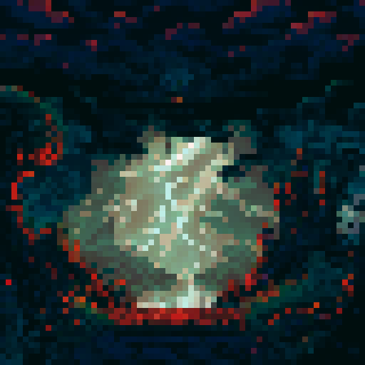 Haunted mansion, looming atop a hill, with a winding cobblestone pathway leading to its entrance, under a dark night sky filled with ominous thunderclouds and sporadic bursts of lightning, all depicted in vivid pixel art, showcasing the eerie sRGB color palette, creating a haunting background landscape