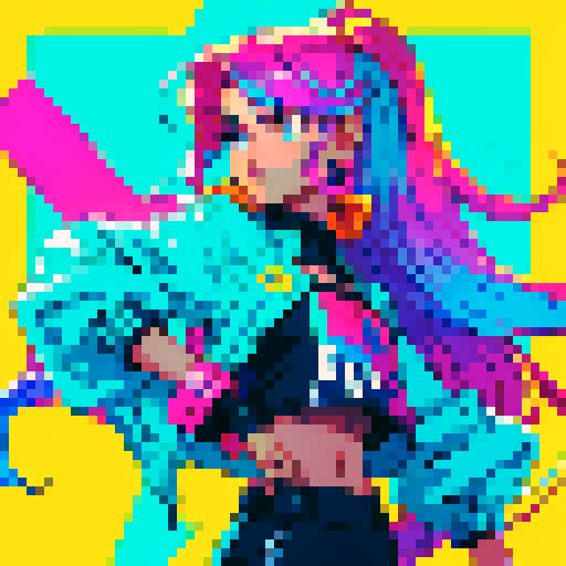 cool long hair guy with vibrant, neon-colored locks, rocking a retro-inspired pixel art hairstyle