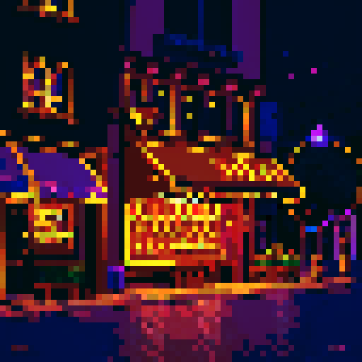 city, exterior of a bar, street light, night time, nocturne, black, dark purple, brown, gold, pixel art style, sRGB Cozy Character 4 images