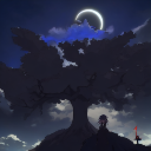 Moonlit tree towering over fierce chosen one with protectors eyes sharp as swords, daring them to unleash their wrath in an epic battle, in the anime style.