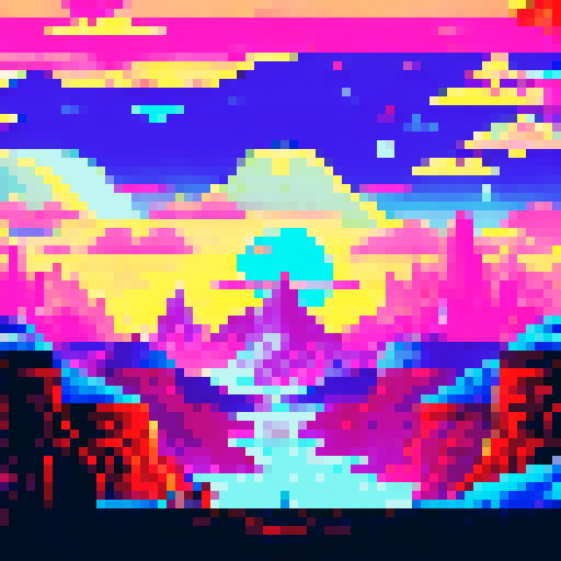 sky city, floating, full of light, music, people playing video-games, sRGB, pixel art, background, landscape