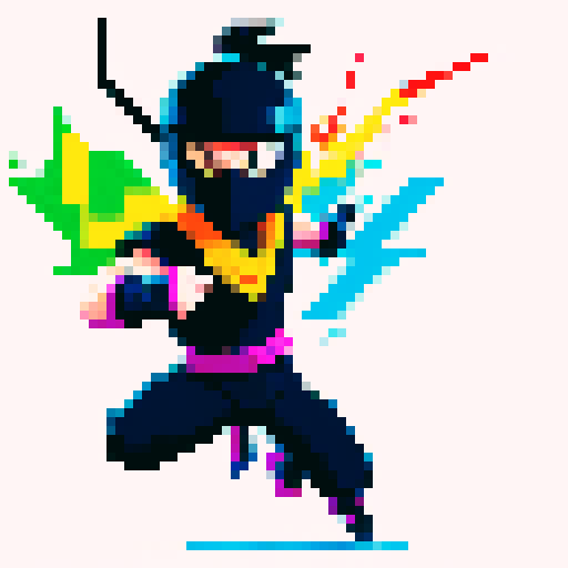 ninja jumping, vibrant colors, sharp edges, dynamic movement, 8-bit, low resolution, pixelated, contrasted shadows, intense action, bold outlines, limited color palette, retro video game style, high saturation, energetic poses, fast-paced, exaggerated motion, fluid animations