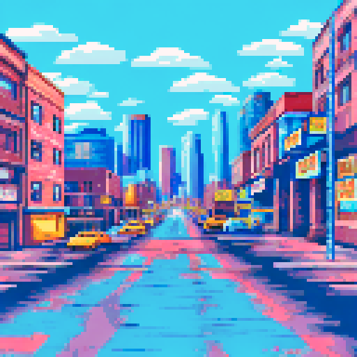 Colorado Springs city, streets of rage, pixelated buildings, vibrant colors, sRGB, detailed cars, bustling traffic, lively pedestrians, scenic background, mountainous landscape