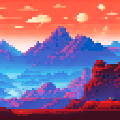 Mars, red and barren, with towering rocky mountains, a pixelated landscape stretching into the distance, all bathed in the vibrant colors of an sRGB palette