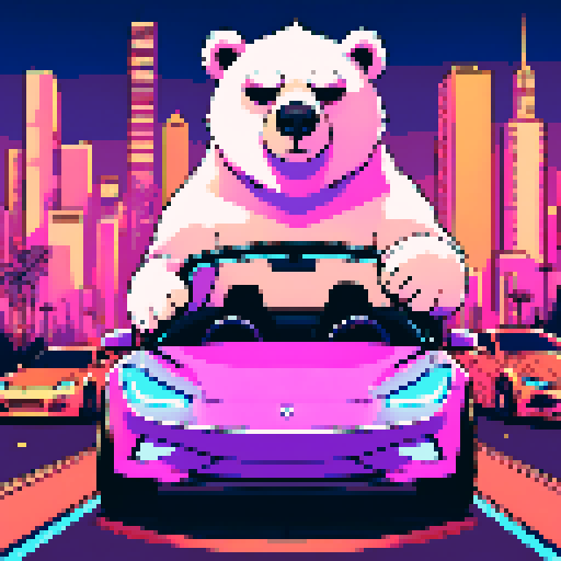  a polar bear driving a luxury sports car. The bear is decked out with gold chains, oversized sunglasses, and a snapback hat, exuding a flashy crypto mogul vibe. Inside the car, a glowing high-tech dashboard displays cryptocurrency charts and wallet balances. The car speeds through a neon-lit cityscape filled with crypto-themed billboards and holographic ads, emphasizing the bear’s high-tech and lavish lifestyle.