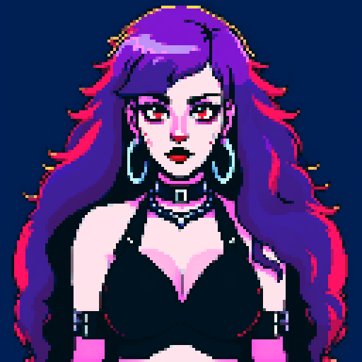 Plus size busty goth girl, with long purple hair, eyeliner, red lipstick. wearing a halter top and spiked collar. Posing for a up close face portrait. vibrant sRGB colors, pixel art, edgy aesthetic