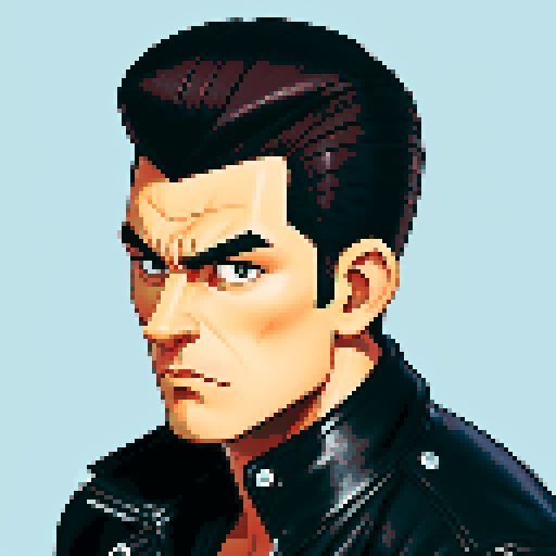 Muscular, tough greaser man with a pompadour hairstyle, wearing a motorcycle jacket, pixel art, sRGB colors, portrait, face avatar