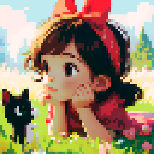 little cute girl lies on the grass and looks at the kitten