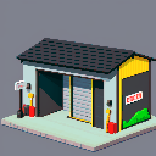 Open garage for cars, grey, asphalt, tools, car parts. The inscription "open"