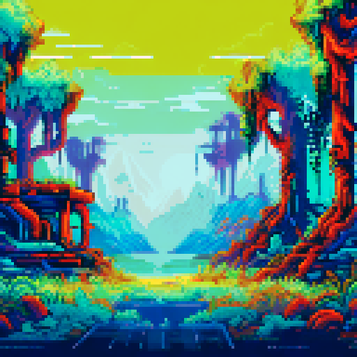 post-apocalyptic city, hidden in the woods, vibrant pixelated colors, atmospheric landscape, abandoned machinery, rusted pipes, overgrown vines, decaying buildings, shattered windows, eerie silence, nature reclaiming