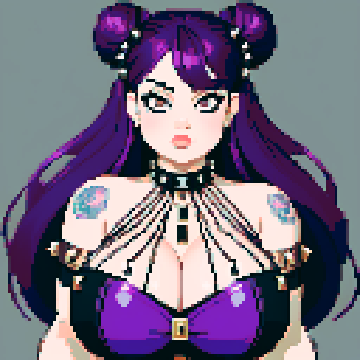 Pretty Face Portrait of Thicc, curvy, busty goth babe with studded collar, long purple hair in buns, fishnet stockings, studded halter top. pixel art, sRGB.