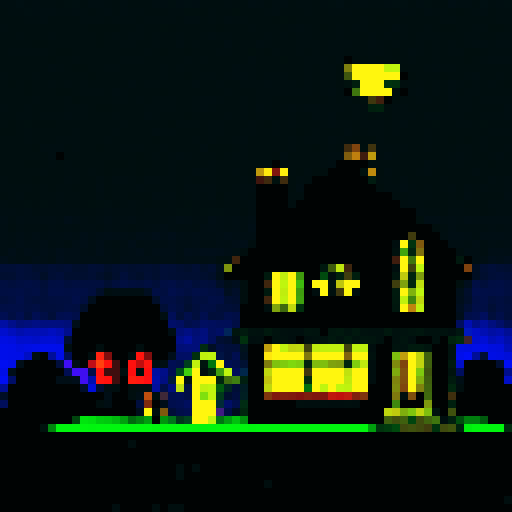 a neighborhood with trees and street lights with one glitched out bad house evil house that shouldn't be there. spooky evil