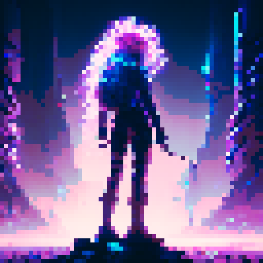 cute girl with big, expressive eyes, long blue hair, vibrant neon colors, pixel art aesthetic, futuristic cityscape filled with towering skyscrapers and holographic billboards, glowing neon signs reflecting off rain-soaked streets, characters wearing edgy, futuristic fashion, dramatic lighting casting long shadows, intricate circuitry and glowing cybernetic, landscape portrait