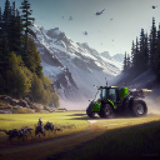 "Mountainous terrain, lush trees, and a broken-down John Deere forage harvester sets the scene for this Claas forage harvester to shine, with an art style that captures the rugged beauty of the landscape and the mechanical intricacies of the machines."