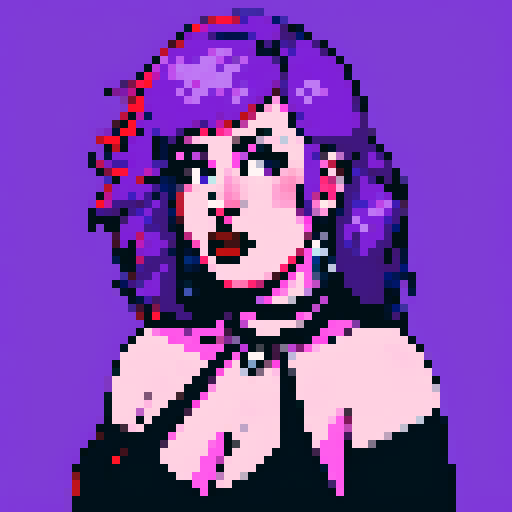 Plus size busty goth girl, with long purple hair, eyeliner, red lipstick. wearing a halter top and spiked collar. Posing for a up close face portrait. vibrant sRGB colors, pixel art.