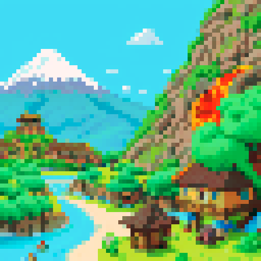 With a background of mountains with a volcano and lava, three villain faces, one a shark and one a rat, are targeting to conquer a village made of green trees and blue rivers. 