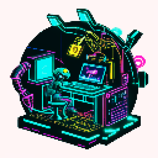 cute cyberpunk scorpion playing computer games, tables with coca cola, scorpion's tail should be fully in the picture, bright yellow and cyan and pink lights