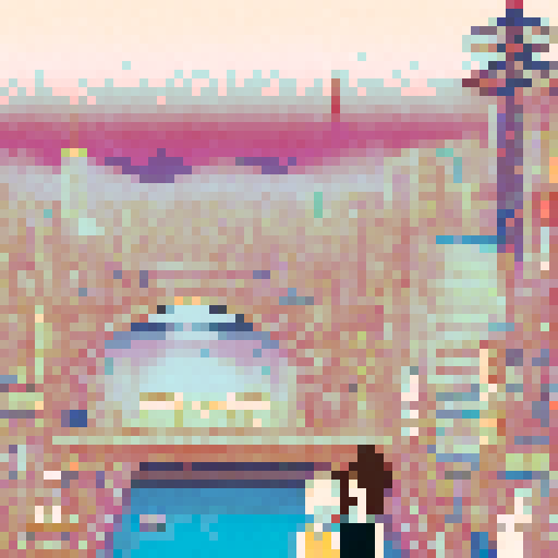 Vibrant, bustling Tokyo skyline at daytime depicted in charming anime style with intricate pixel art details.