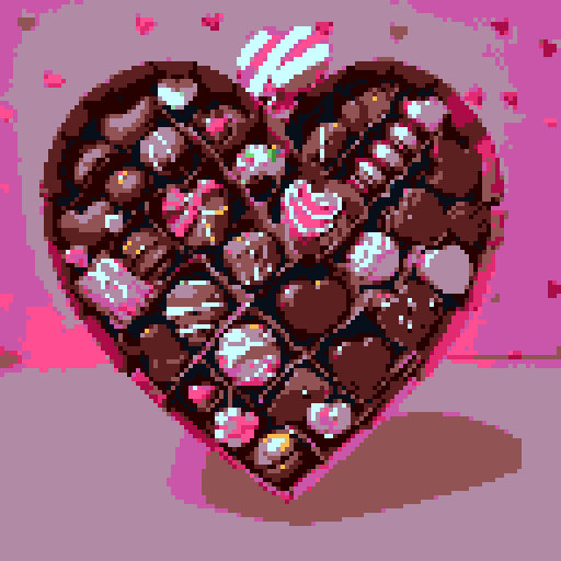 Box of Valentine's Day chocolates, shaped like cupcakes and hearts with intricate details such as pink frosting and decorative toppings. Charming and romantic theme