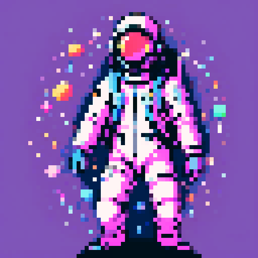 space traveler in vibrant pixel art white spacesuit, with a helmet showcasing a reflective visor, surrounded by swirling galaxies, twinkling stars, and celestial wonders, all rendered in space colorful palette.
