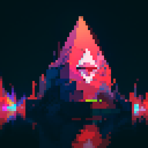 Ethereum logo, vibrant colors, geometric shapes, retro, 8-bit, blocky, low resolution, pixelated, digital, abstract, symmetrical, clean lines, sharp edges, dynamic, popping, eye-catching, neon hues