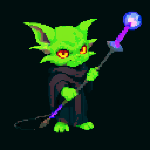 A dark and powerful goblin with arcane symbols, a mystical staff, and an aura of dark magic. It has glowing eyes and a sinister expression, capable of casting powerful spells. No background.
